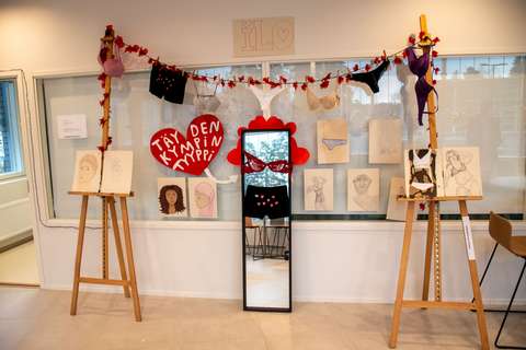 installaatiko, jossa mm. lukee Täyden kympin tyyppi, piirroksia erilaisista ihmisistä, peili