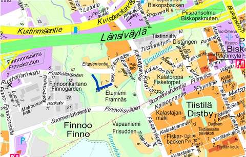 Suunnittelualue on merkitty opaskarttaotteeseen sinisellä viivalla.