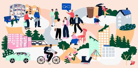 Illustrationen visar hur Esbo stad främjar cirkulär ekonomi på flera olika sätt, bland annat genom att ge möjlighet att sortera avfall, låna olika föremål från biblioteket, samåka inom olika trafikformer, reparera olika föremål och delta i evenemang som för människor samman.