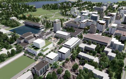 Havainnekuvassa aukion ympärillä on vaaleita rakennuksia. Ympäristössä on myös puita, kallio ja laajoja nurmialueita.