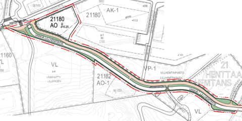 Kuva on katukartasta, jossa näkyy,mm., että jalankulku on merkitty autotien pohjoispuolelle.