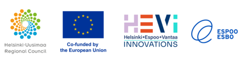 Kuvassa rahoittajien logoja: Uudenmaan liitto, EU, HEVi-innovaatiot ja Espoon kaupunki.