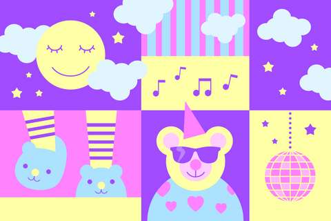 Värikäs Lasten Museofestareiden grafiikka Pyjamabileet-teemalla