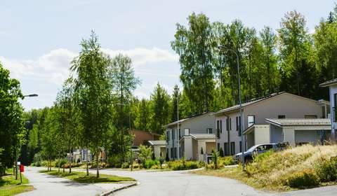 Det finns småhus längs gatan. I bakgrunden syns skog.