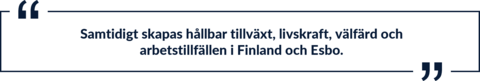 Samtidigt skapas hållbar tillväxt, livskraft, välfärd och arbetstillfällen i Finland och Esbo. 