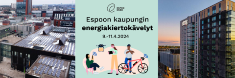 Tapahtuman banneri tekstillä Espoon kaupungin energiakiertokävelyt 9.-11.4.2024. Myös kuva Sellon katolta ja Lippulaivan julkisivusta.