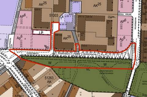 Asemakaavaotteeseen on merkitty suunnittelualue punaisella viivalla