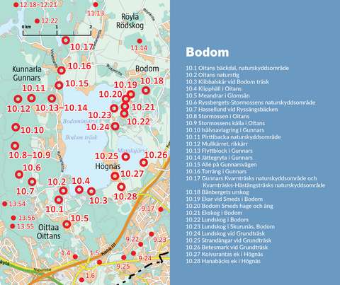Kartan om naturobjekt i Bodom.