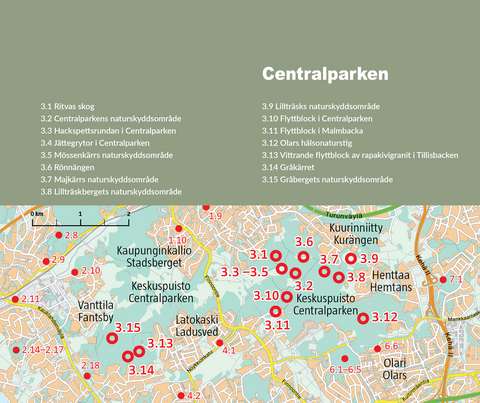 Kartan om naturobjekt i Esbo centralpark