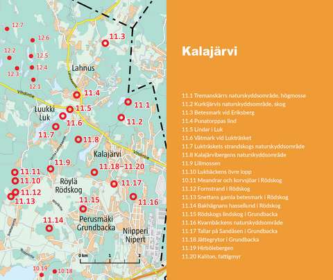 Kartan om naturobjekt i Kalajärvi