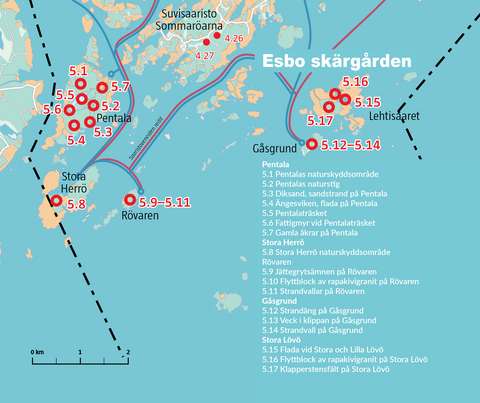 Kartan om naturobjekt i Esbo skärgården