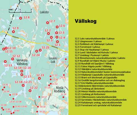 Kartan om naturobjekt i Vällskog