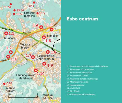 Kartan om naturobjekt i Esbo centrum