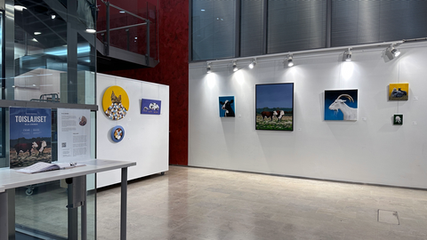 Näyttelytila, jonka valkoisilla seinillä roikkuu erikokoisia värikkäitä eläinmaalauksia.