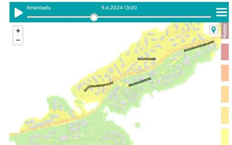 Kartbild över luftkvaliteten vid Granö. På sydsidan och sydöstra sidan visar kartan grönt, vilket betyder att luftkvaliteten är bra. Norr om den stora vägen är luftkvaliteten avsevärt sämre.