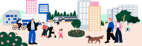 Piirroskuva kaupunkimaisemasta, jossa on ihmisiä kävelemässä ja takana matalia taloja.