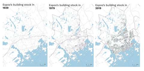 Three maps showing Espoo’s building stock in 1939, 1979 and 2019. There is very little housing in the first map, then slightly more in the middle map, and significantly more in the last map.