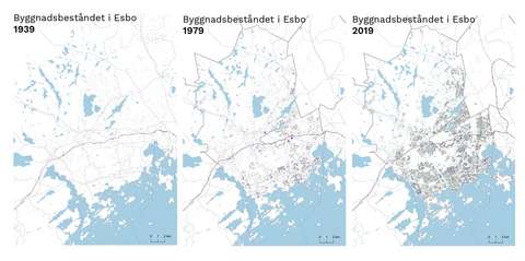 Tre kartbilder som visar byggnadsbeståndet i Esbo 1939, 1979 och 2019. På den första kartan finns mycket lite bosättning, på den andra lite mer och på den tredje betydligt mycket mer.