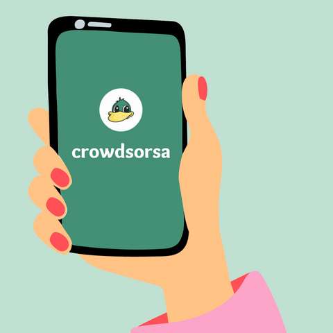 Hand-held telephone with a portrait of a duck and the text crowdsorsa, drawing.