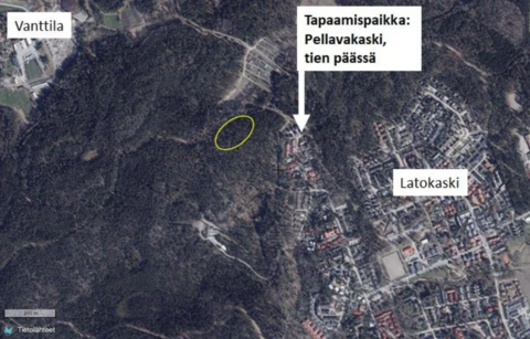 Ilmakuva Espoon Latokaskista. Tapaamispaikka: Pellavakaski, tien päässä.