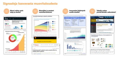 Kokoelma kuvakaappauksia erilaisista verkkosisällöistä otsikolla "signaaleja kasvavasta muovitaloudesta".