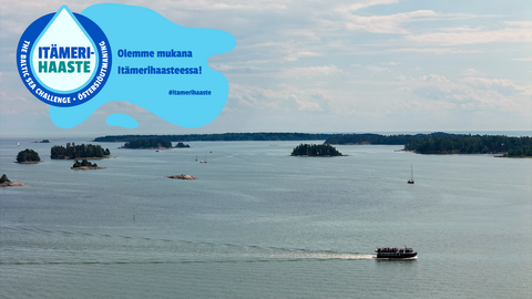 A sea landscape in the Baltic Sea archipelago. The picture also has a banner of the Baltic Sea Challenge organisation with the text ‘Itämerihaaste”. Olemme mukana Itämerihaasteessa! #itamerihaaste” (Baltic Sea Challenge. We are part of the Baltic Sea Challenge. #BalticSeaChallenge)