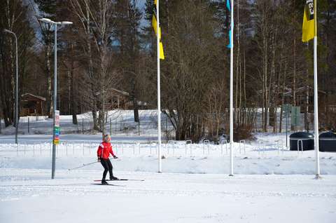 Kuvassa näkyy ihminen hiihtämässä Oittaan laduilla. Taustalla näkyy Espoo liikkuu -lippuja lipputangoissa.