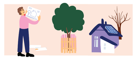 En person som undersöker en bild som han håller upp framför sig. På marken ligger fler pappersark. Ett träd som hägnats in med plank. Ett hus med solpaneler på taket. Bakom huset står ett kalt träd.