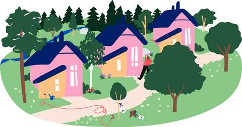 Tecknad bild på ett grönskande gårdsområde utanför ett radhus. I bakgrunden rinner en liten bäck och på gårdarna växer stora träd. I förgrunden finns en stubbe efter ett gammalt träd och en liten nyplanterad trädplanta. På båda hänger en prislapp. Vid plantan ligger en vattenslang som dragits hit från huset.