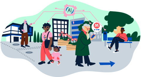 Piirroskuva ihmisistä, jotka käyttävät tekoälyä hyödyntäviä älyaitteita kaupungilla kulkiessaan.