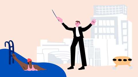 Piirroskuvassa uimari, kapellimestari ja Tapiolan rakennuksia.