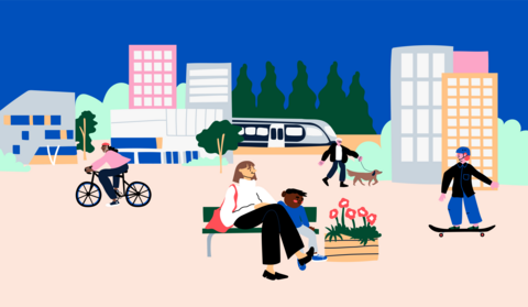 An illustration of an urban landscape showing a train, a cyclist and a pedestrian.
