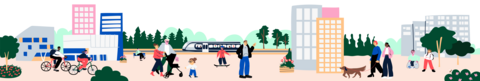 Kaupunkimaisema, jossa näkyy ihmisiä tekemässä arkisia aktiviteetteja, kuten pyöräilyä, kävelyä sekä koiran ulkoilutusta. Hahmojen taustalla taloja ja puita.