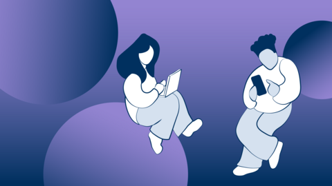 Illustration, where young people sit with a cellphone and a laptop against a violet background.