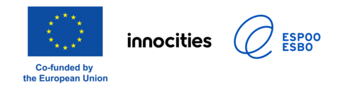 On the left, the EU flag logo with the text "Co-funded by the European Union" next to it. In the middle, a text logo which reads "Innocities". On the right side of the image, the logo of the City of Espoo, with a circle symbol on the left and a text which says "Espoo, Esbo" on the right.