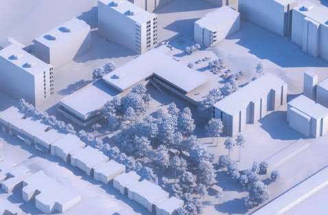 A bird’s-eye view of the daycare centre as shown in the reference plan in a scale model of the area.