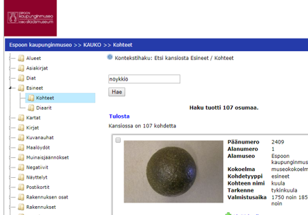 Kuvakaappaus kokoelmanhallintajärjestelmästä.