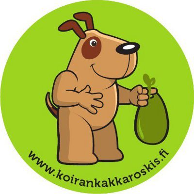 Koirankakkaroskis-kampanjan tarrakuva, jossa koiralla kakkapussi käpälässä.