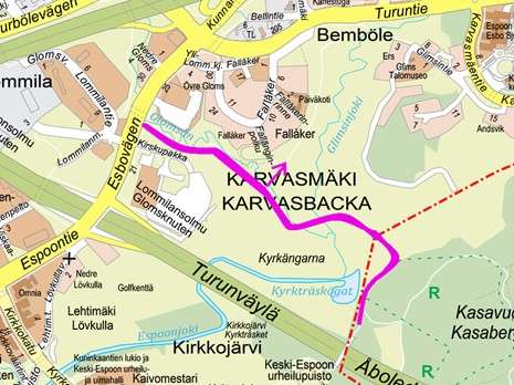 Opaskarttaotteeseen on merkitty polun sijainti punaisella viivalla.