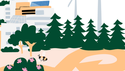 Piirroskuvassa aurinkopaneeleita rakennusten katoilla ja metsän takana tuulivoimaloita