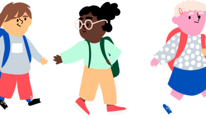 Piirroskuva kävelevistä lapsista. 