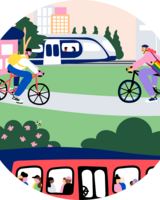 Kuvituskuva eloisasta kaupunkimaisemasta, jossa näkyy lähijuna, pyöräilijöitä ja metro.