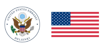 USA suurlähetystön logo ja USA lippu.
