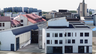 Hieman yläviistosta esitetty näkymä 3D-kaupunkimallista teksturoituine rakennuksineen.