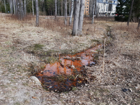 Ett dike med orange sediment synligt i botten.