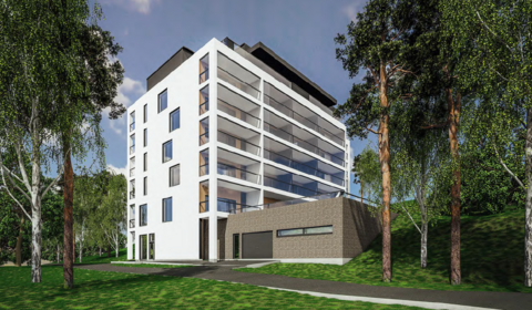 Havainnekuva, jossa on pääosin valkoinen kerrostalo, joka sijoittuu jyrkkään rinteeseen. Kerrostalossa on kuvassa kaksi osittain maan päällä olevaa kellarikerrosta, sekä viisi kerrosta niiden päällä. 