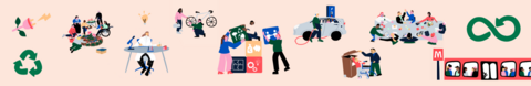 Kuvassa kiertotalouteen liittyviä kuvituksia.