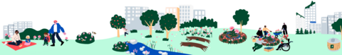 Kuvassa kaupunkiluontoa ja ihmisiä tekemässä eri asioita.