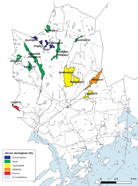 Kartta Espoon järvistä luokiteltuna niiden ekologisen tilan perusteella. Pohjois-Espoossa järvet ovat erinomaisessa tai hyvässä kunnossa, etelämpänä laatu heikkenee.
