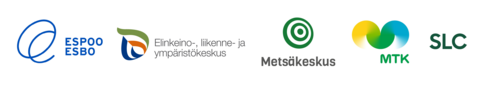 Logotyperna för Esbo stad, Närings-, trafik- och miljöcentralen i Nyland, Finlands skogscentral, Maa- ja metsätaloustuottajain Keskusliitto och Svenska lantbruksproducenternas centralförbund.